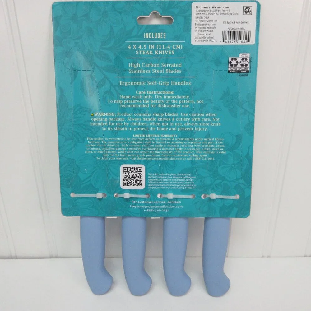 Pioneer Woman Steak Knife Set 4pc Brilliant Blooms Floral Blue Stainless Steel